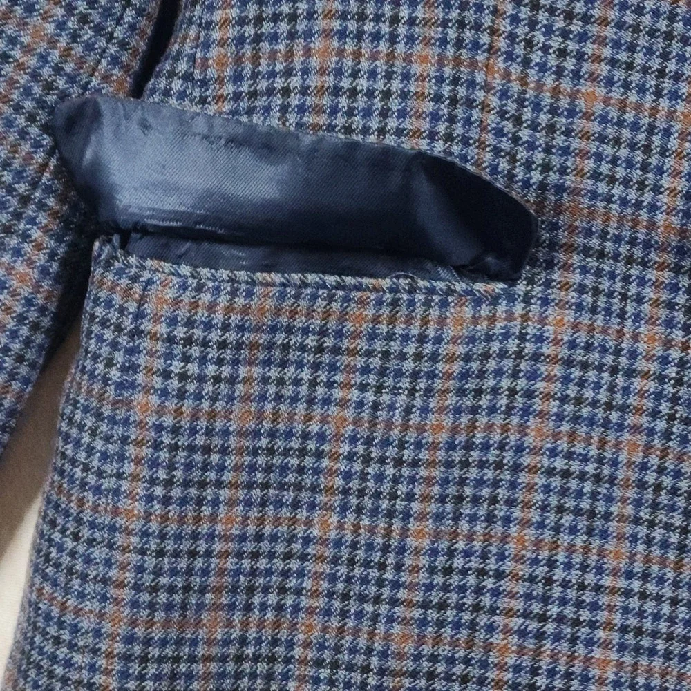 Merino Wool Plaid Blazer Mens 44S Dark Academia Classic Fit Navy Sport Coat